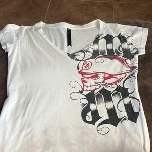 Women’s White and Pink Metal Mulisha T-Shirt